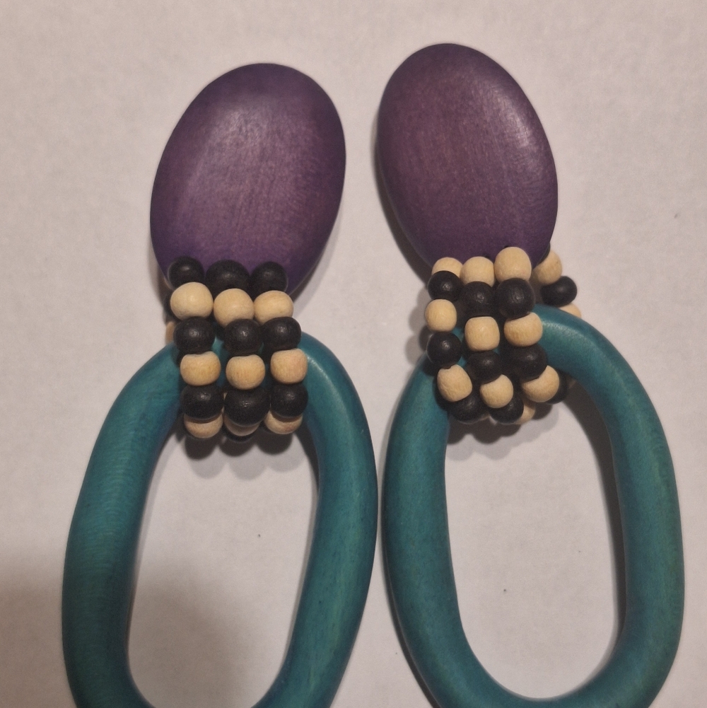 Teal and Purple Wood Bead Drop Earrings